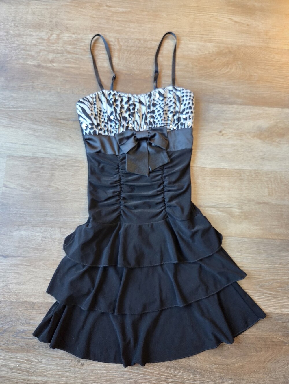 Y2K Deb Black Rouched & Tiered Mini Dress, Animal Print w/Sequins & Bow size S